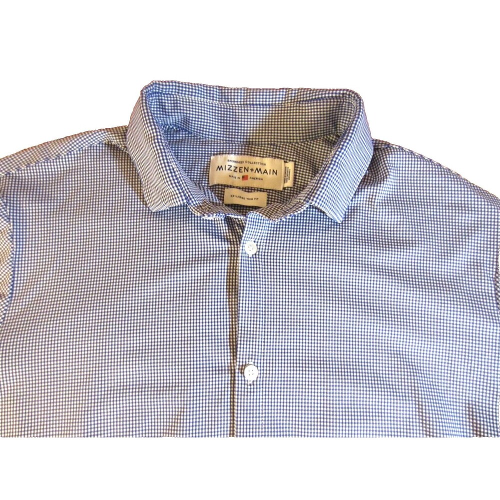 Mizzen + Main Button Down Dress Shirt Blue White Gingham XXL Trim Fit Pristine